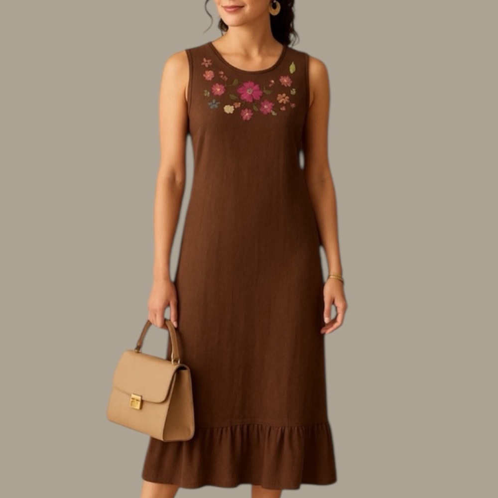 Storybook Knits Sz S‎ Embroidered Brown Sleeveless Dress